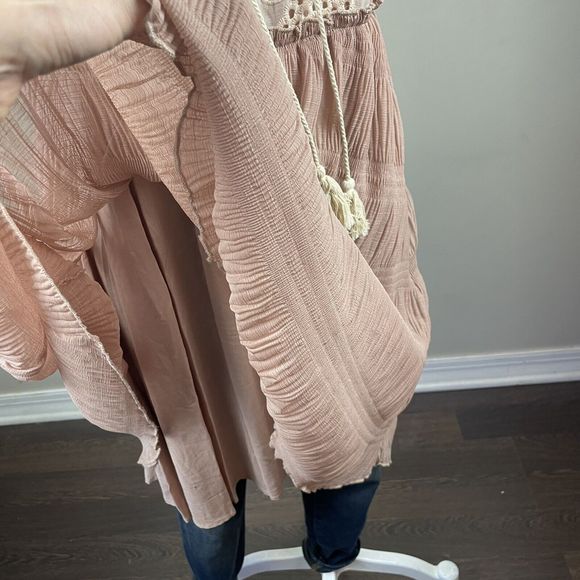 Mystree Size Small Taupe Ruffle Embroidered Dress Midi Boho Fairy - Picture 5 of 12